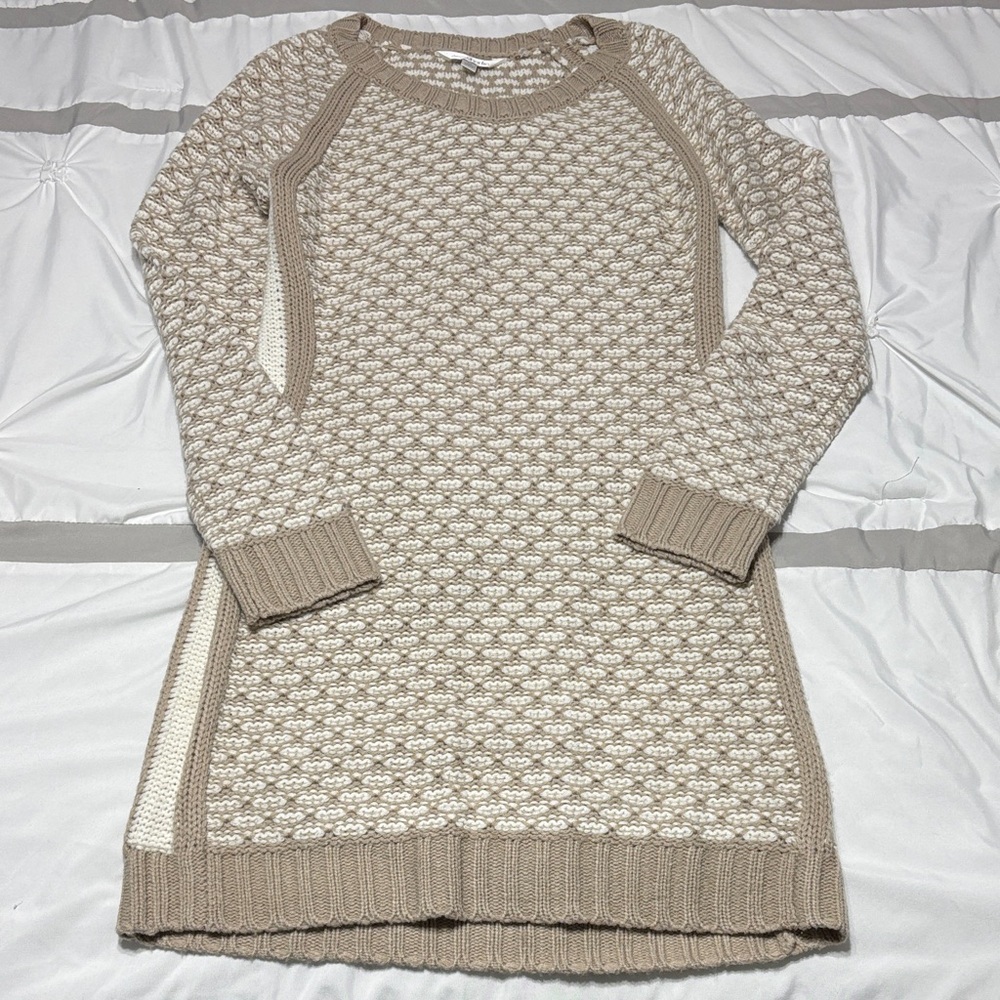 Charming Charlie Cream and Tan Textured Knit Long Sleeve Dress
